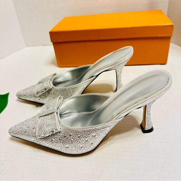 Rhinestones Crystals Heeled Mules With Bow Slip On Dress Shoes Womens Sz 6 NEW - Picture 7 of 16